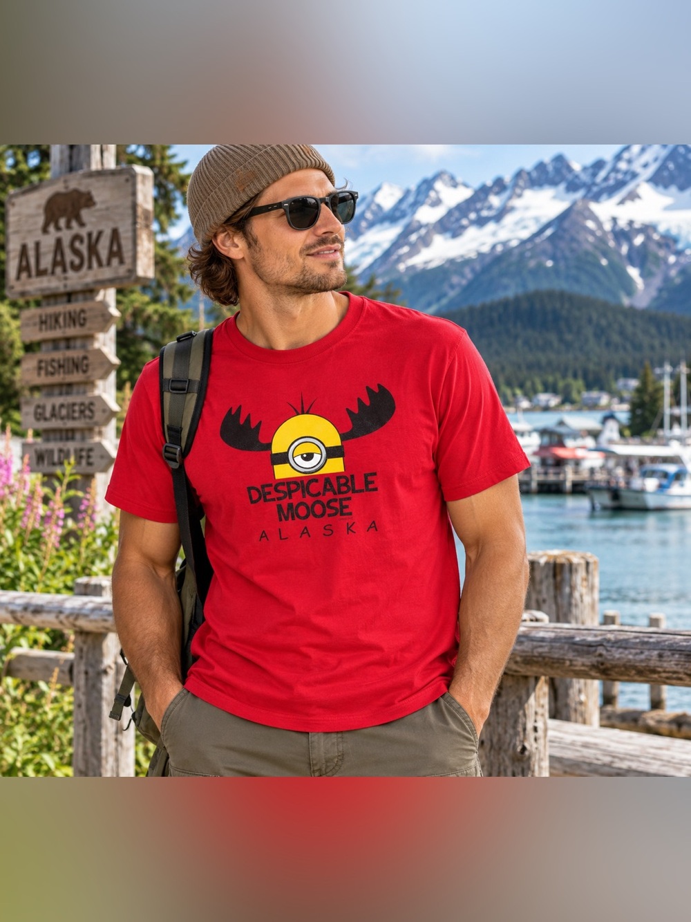 Port & Company Despicable Moose Alaska Minion Red Graphic T-Shirt Size Large